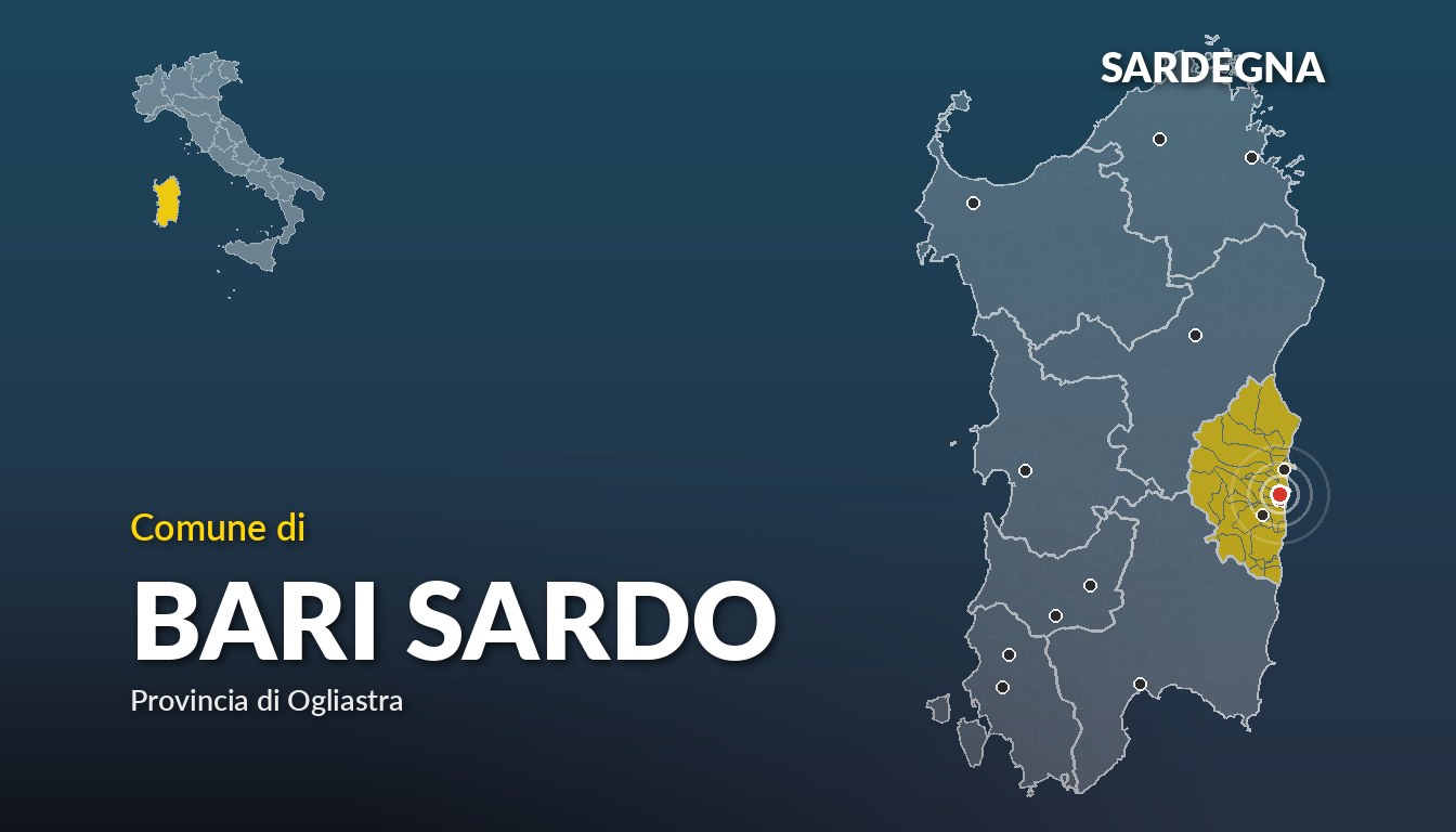 Cartina del Sardegna con la posizione del comune di Bari Sardo, in provincia di Ogliastra