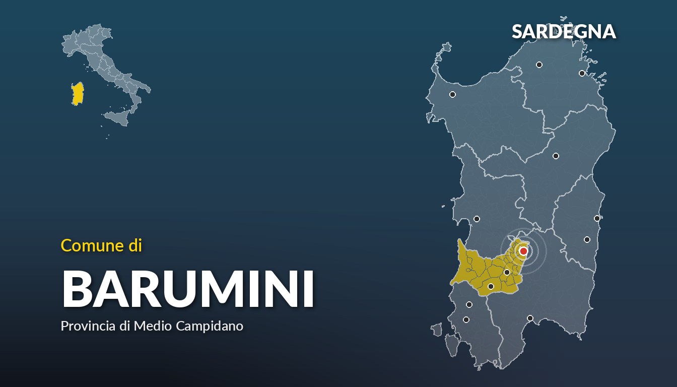 Cartina del Sardegna con la posizione del comune di Barumini, in provincia di Medio Campidano