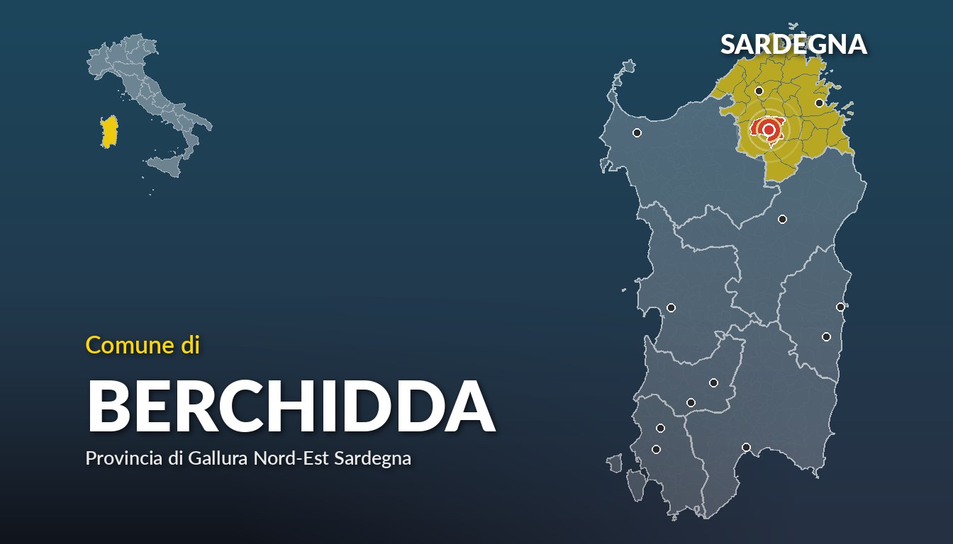 Cartina del Sardegna con la posizione del comune di Berchidda, in provincia di Gallura Nord-Est Sardegna