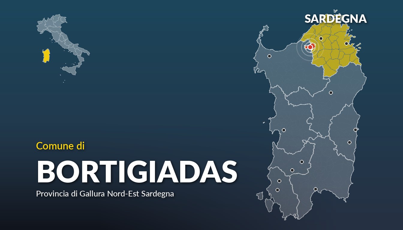 Cartina del Sardegna con la posizione del comune di Bortigiadas, in provincia di Gallura Nord-Est Sardegna