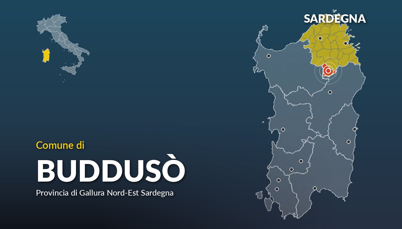 Cartina del Sardegna con la posizione del comune di Buddusò, in provincia di Gallura Nord-Est Sardegna