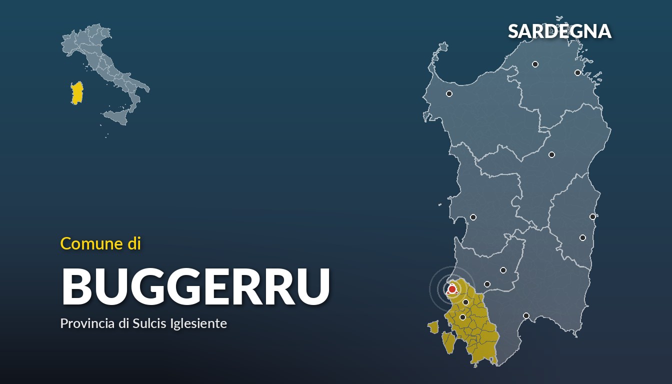 Cartina del Sardegna con la posizione del comune di Buggerru, in provincia di Sulcis Iglesiente