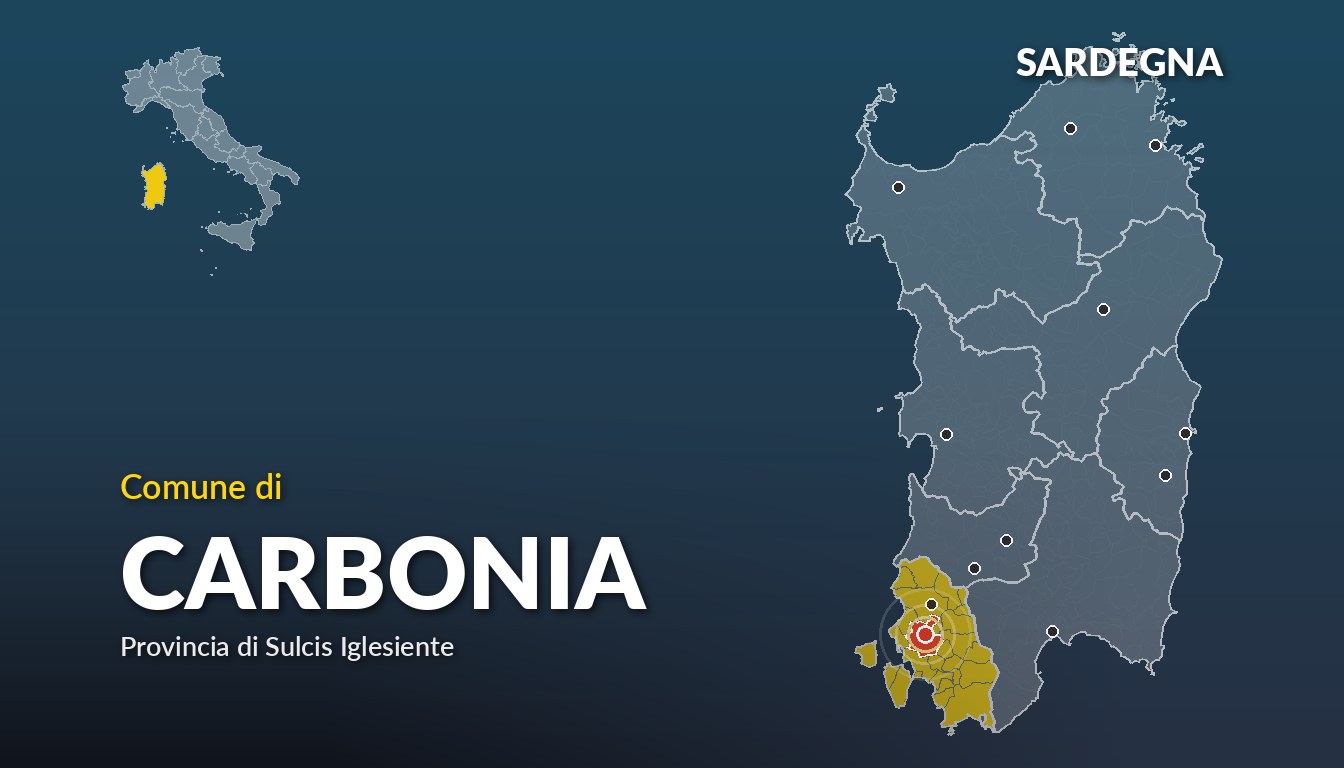 Cartina del Sardegna con la posizione del comune di Carbonia, in provincia di Sulcis Iglesiente