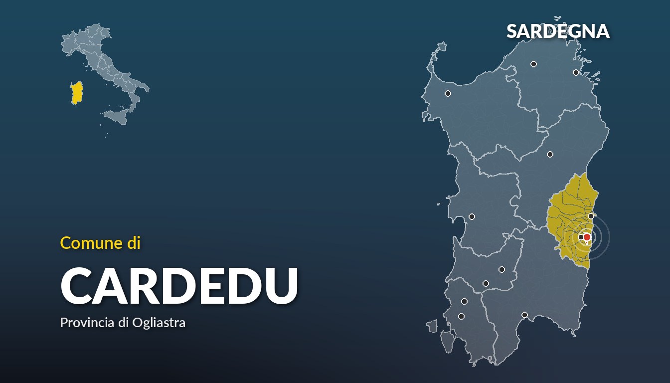 Cartina del Sardegna con la posizione del comune di Cardedu, in provincia di Ogliastra