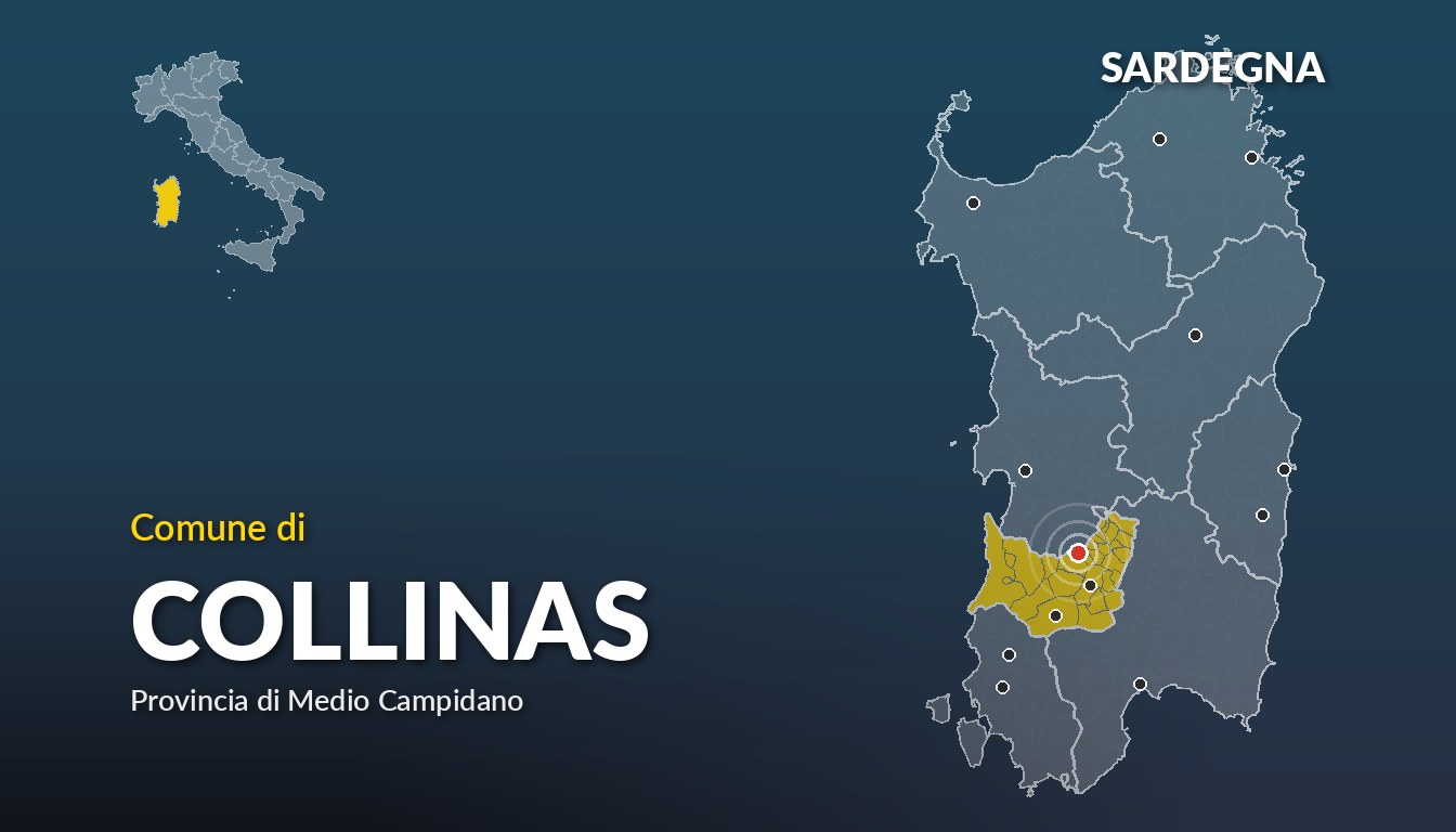 Cartina del Sardegna con la posizione del comune di Collinas, in provincia di Medio Campidano