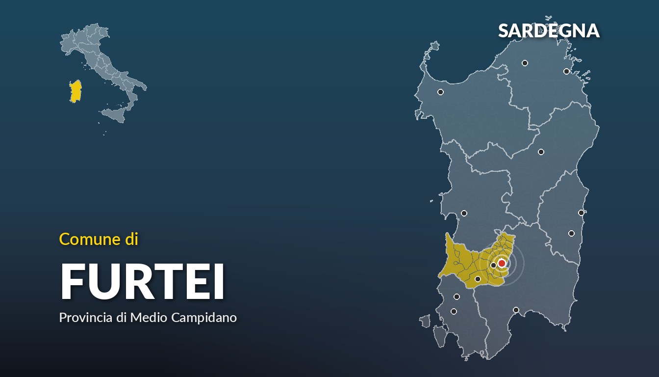 Cartina del Sardegna con la posizione del comune di Furtei, in provincia di Medio Campidano