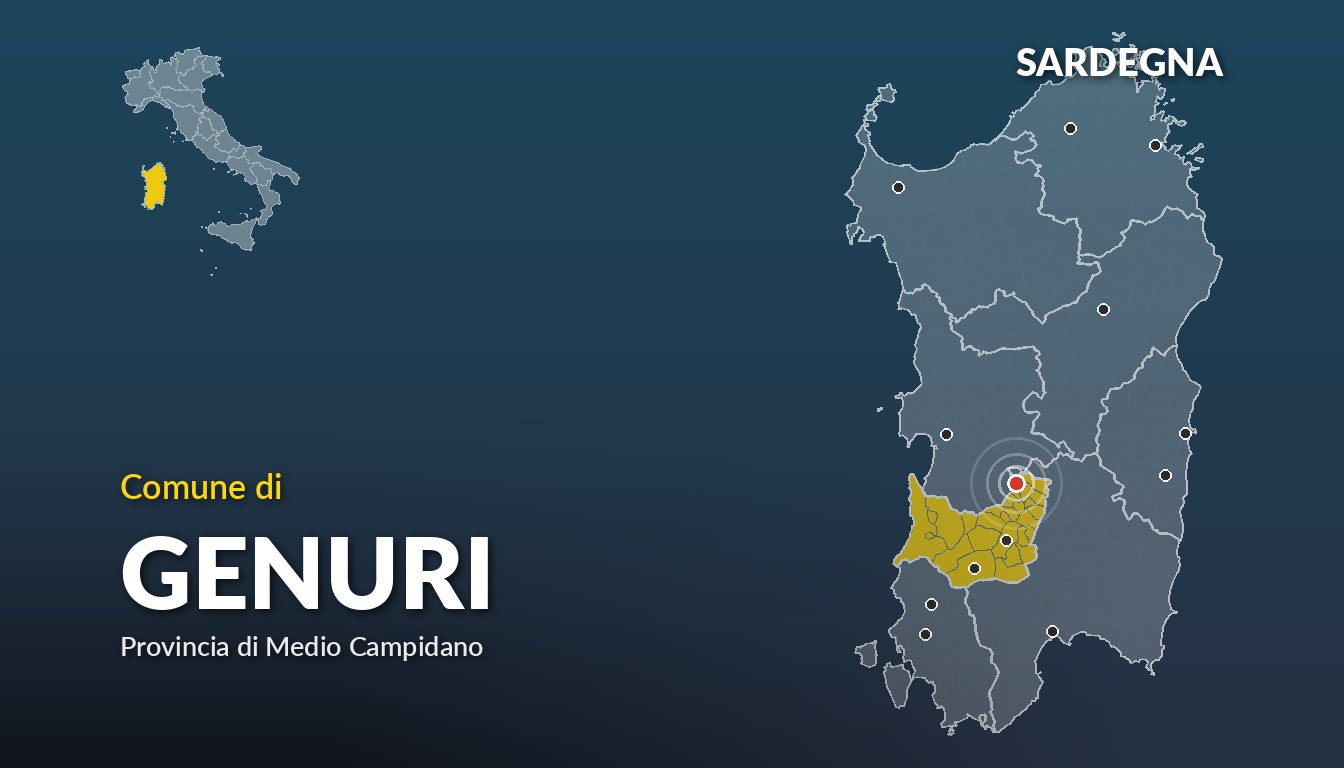 Cartina del Sardegna con la posizione del comune di Genuri, in provincia di Medio Campidano