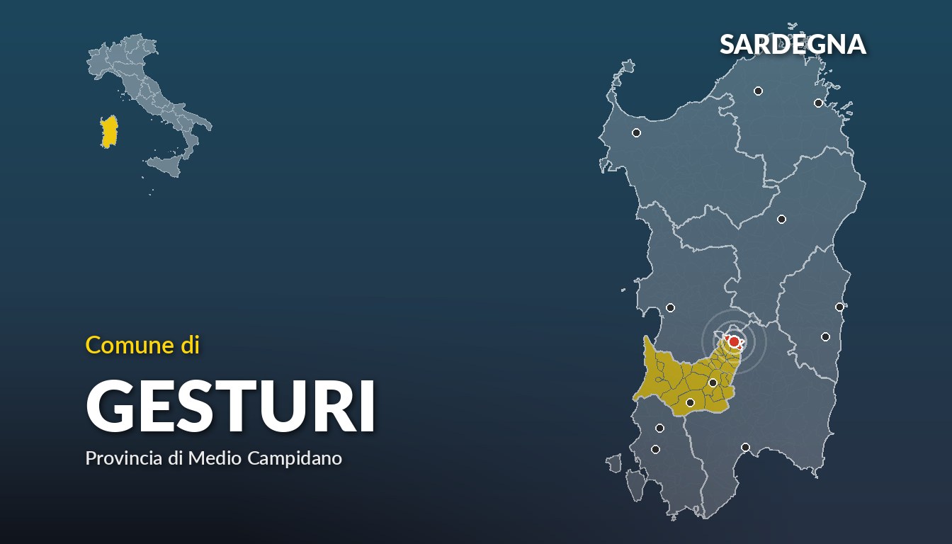Cartina del Sardegna con la posizione del comune di Gesturi, in provincia di Medio Campidano