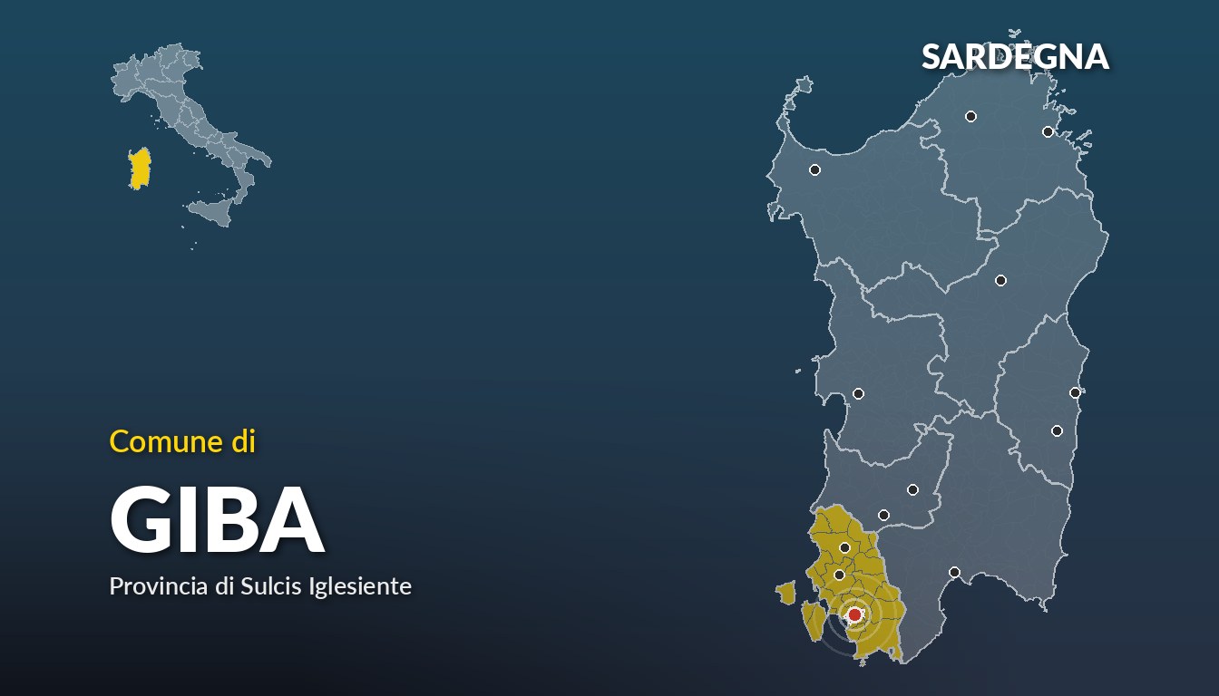 Cartina del Sardegna con la posizione del comune di Giba, in provincia di Sulcis Iglesiente