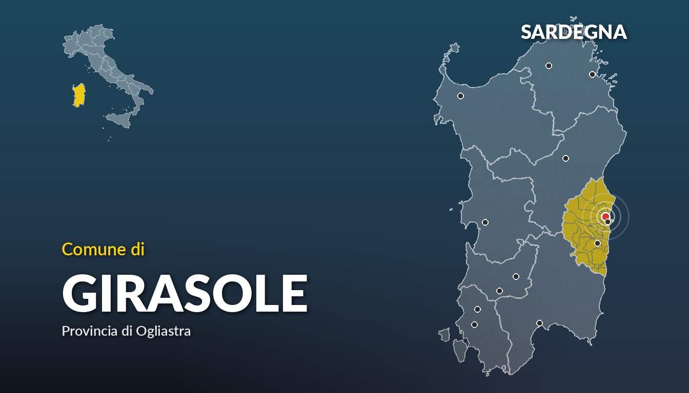 Cartina del Sardegna con la posizione del comune di Girasole, in provincia di Ogliastra