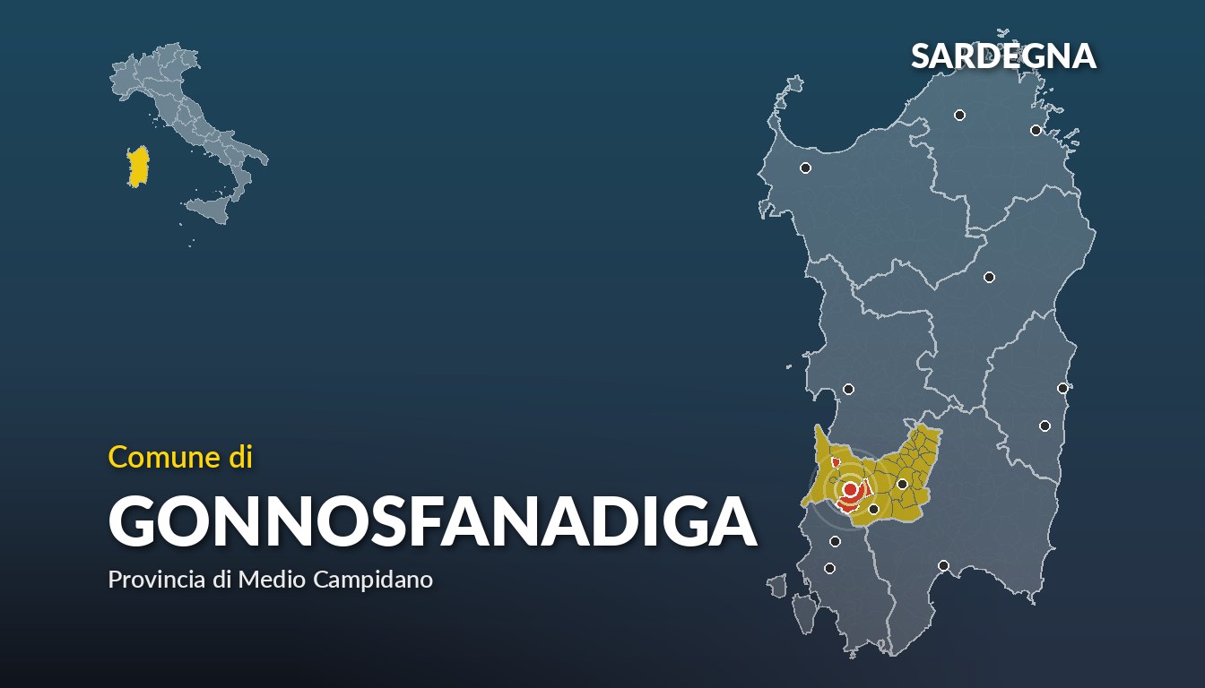 Cartina del Sardegna con la posizione del comune di Gonnosfanadiga, in provincia di Medio Campidano