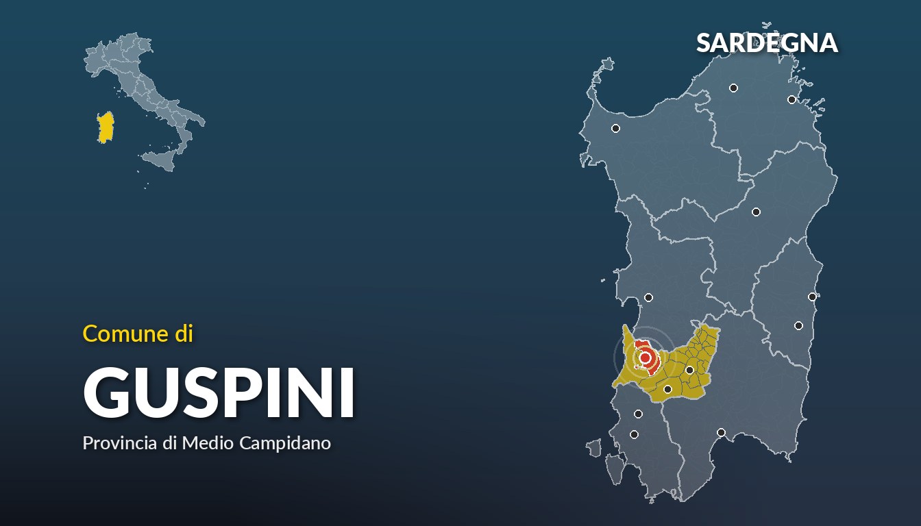 Cartina del Sardegna con la posizione del comune di Guspini, in provincia di Medio Campidano