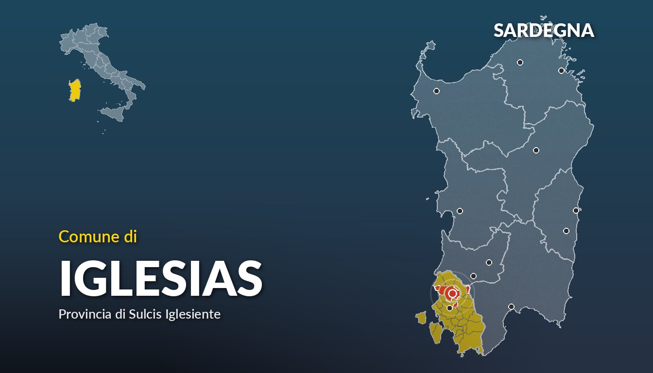 Cartina del Sardegna con la posizione del comune di Iglesias, in provincia di Sulcis Iglesiente