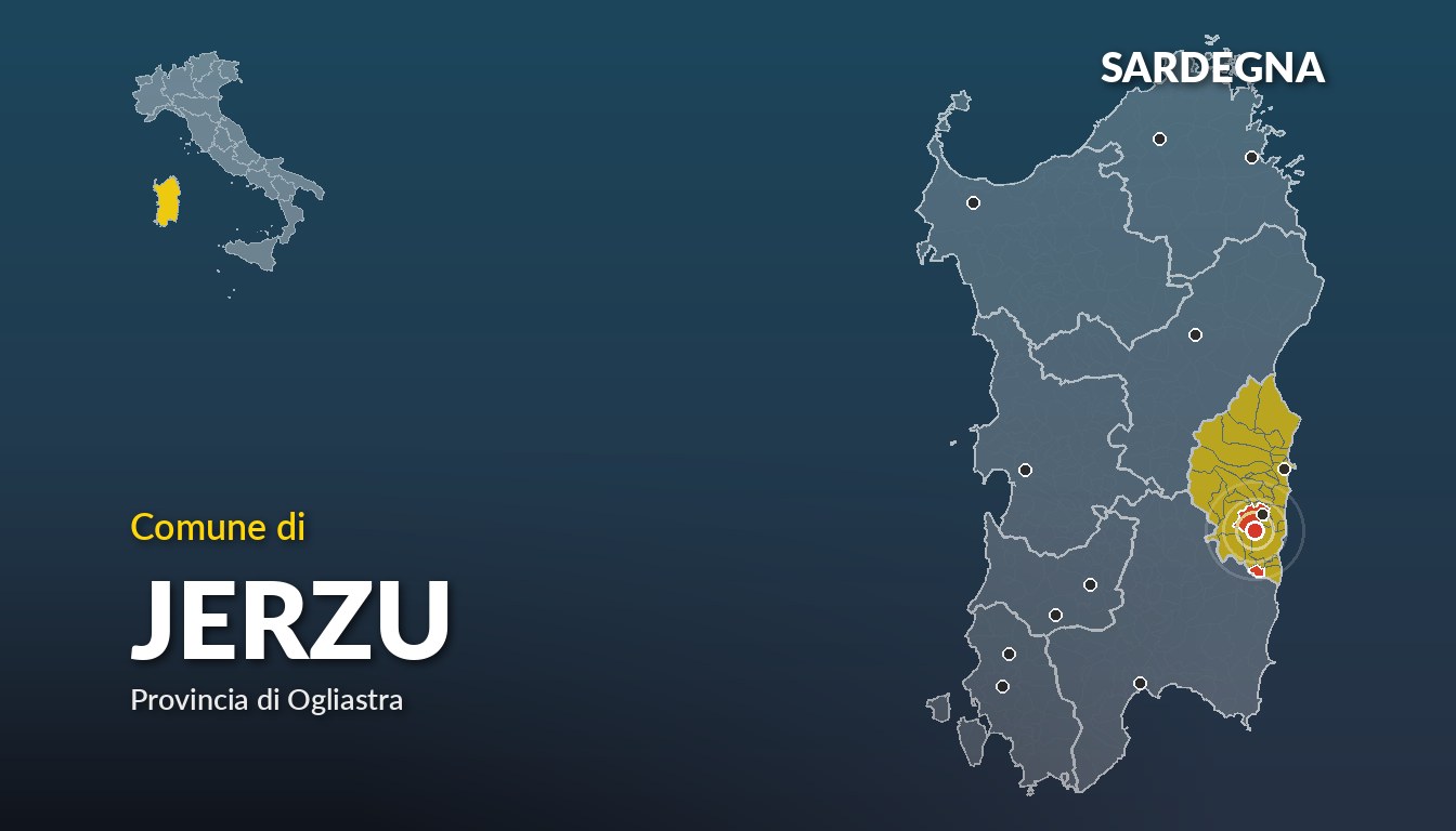 Cartina del Sardegna con la posizione del comune di Jerzu, in provincia di Ogliastra