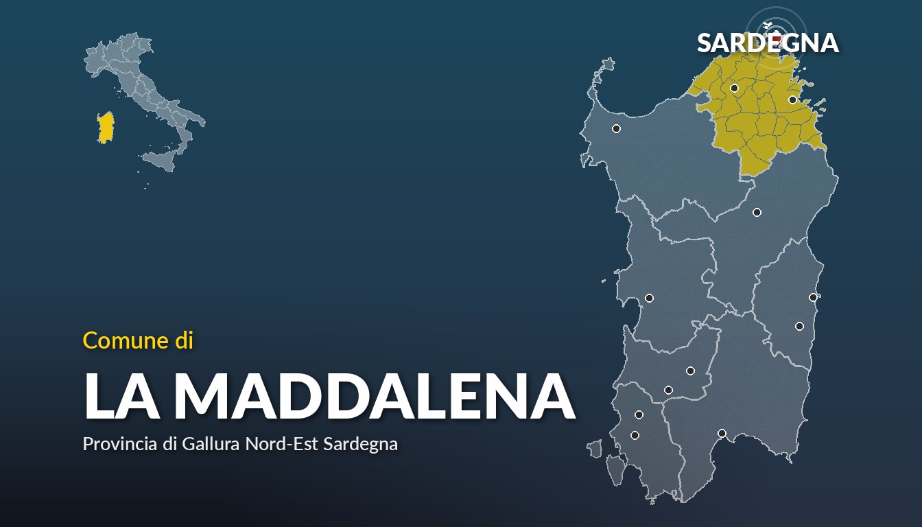 Cartina del Sardegna con la posizione del comune di La Maddalena, in provincia di Gallura Nord-Est Sardegna
