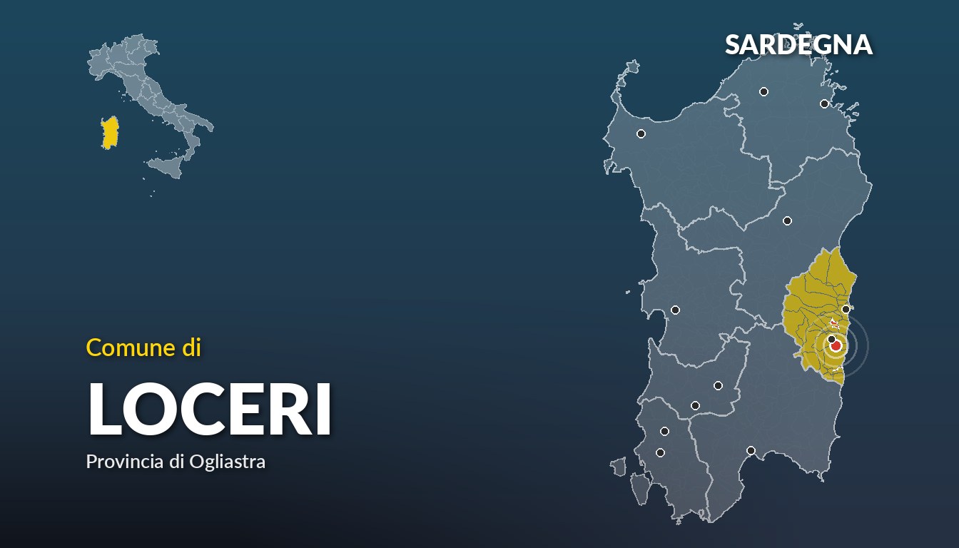 Cartina del Sardegna con la posizione del comune di Loceri, in provincia di Ogliastra
