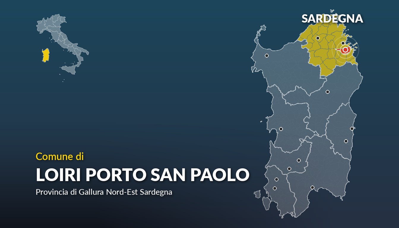 Cartina del Sardegna con la posizione del comune di Loiri Porto San Paolo, in provincia di Gallura Nord-Est Sardegna