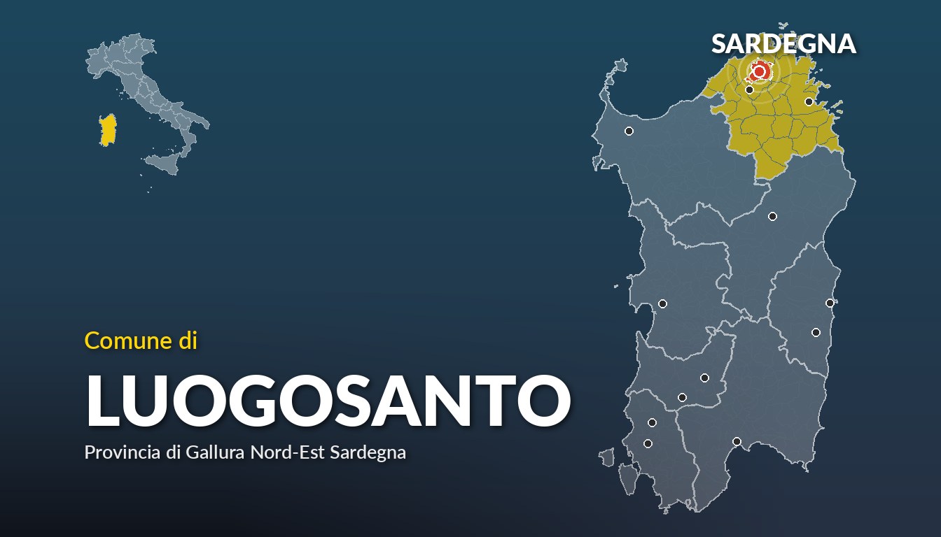 Cartina del Sardegna con la posizione del comune di Luogosanto, in provincia di Gallura Nord-Est Sardegna