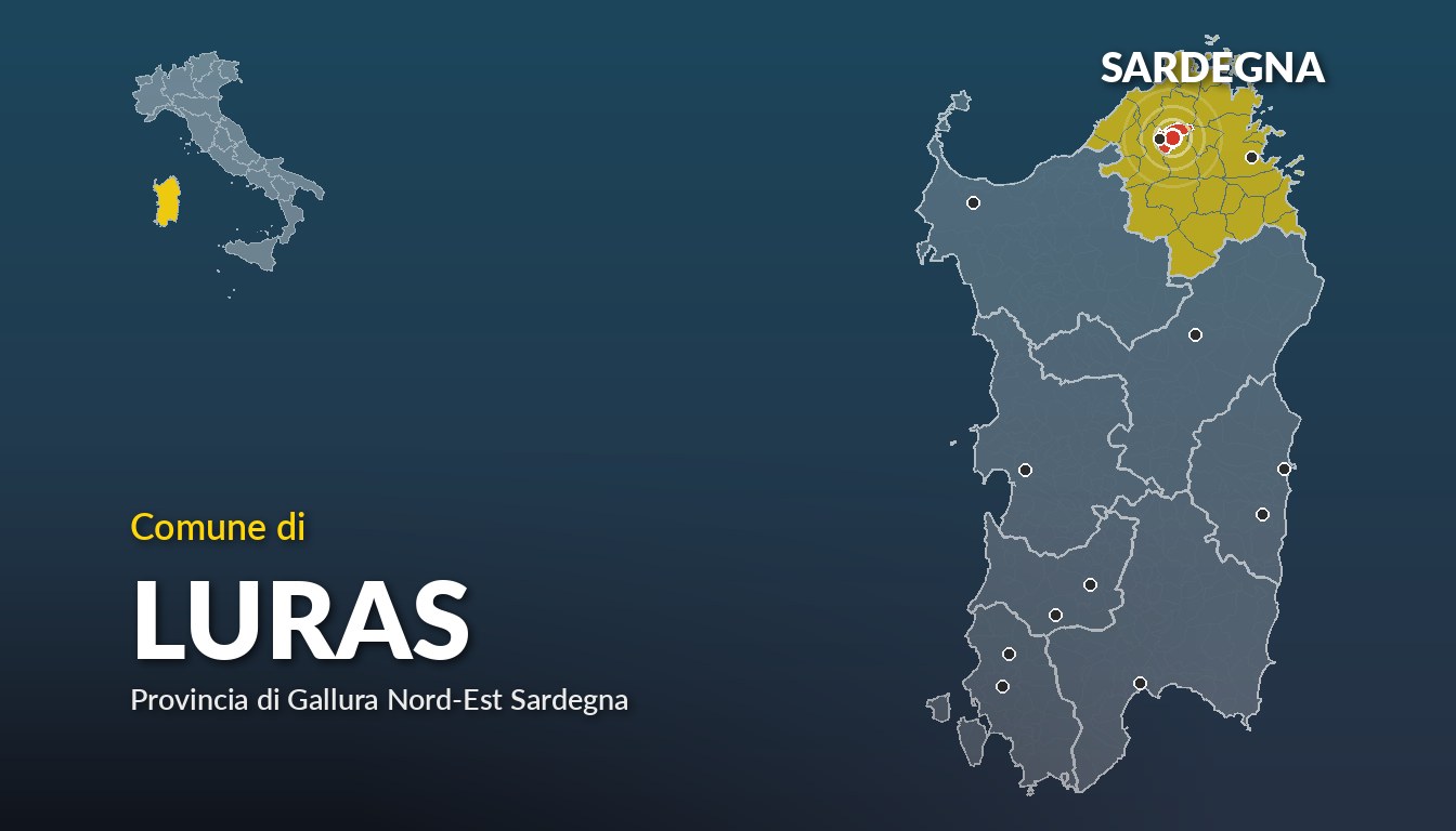 Cartina del Sardegna con la posizione del comune di Luras, in provincia di Gallura Nord-Est Sardegna