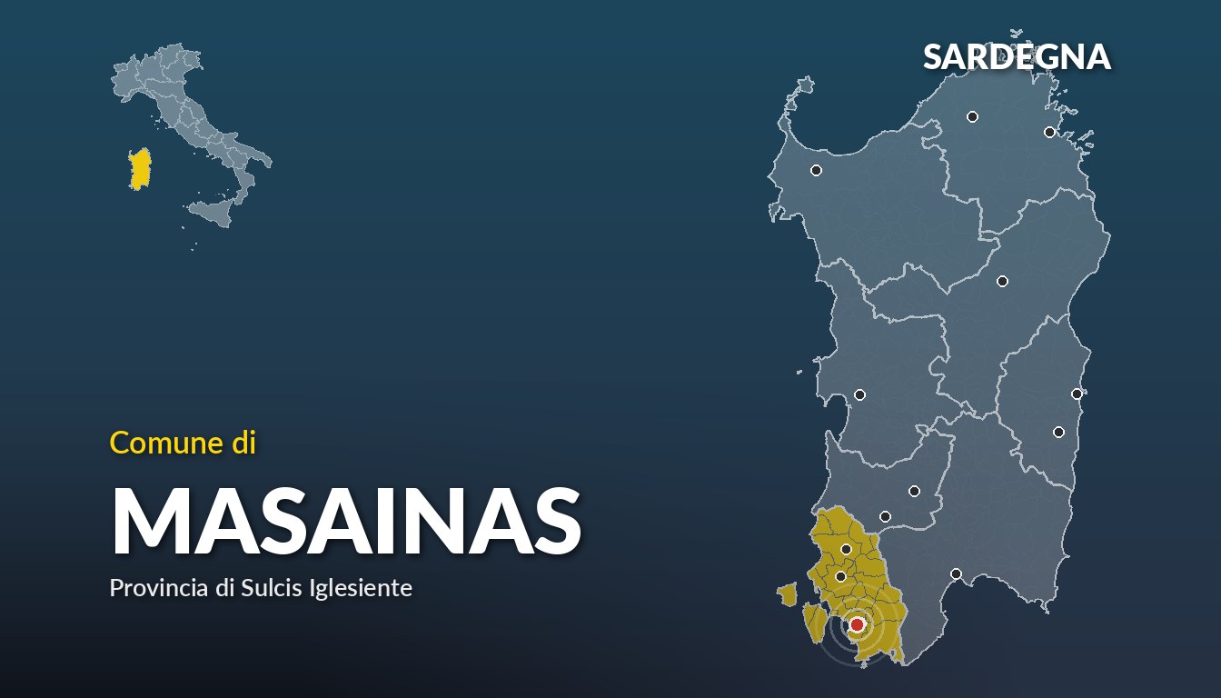 Cartina del Sardegna con la posizione del comune di Masainas, in provincia di Sulcis Iglesiente
