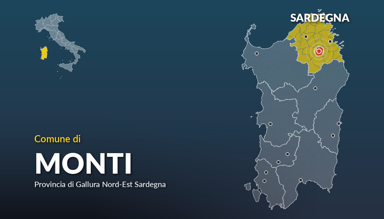 Cartina del Sardegna con la posizione del comune di Monti, in provincia di Gallura Nord-Est Sardegna