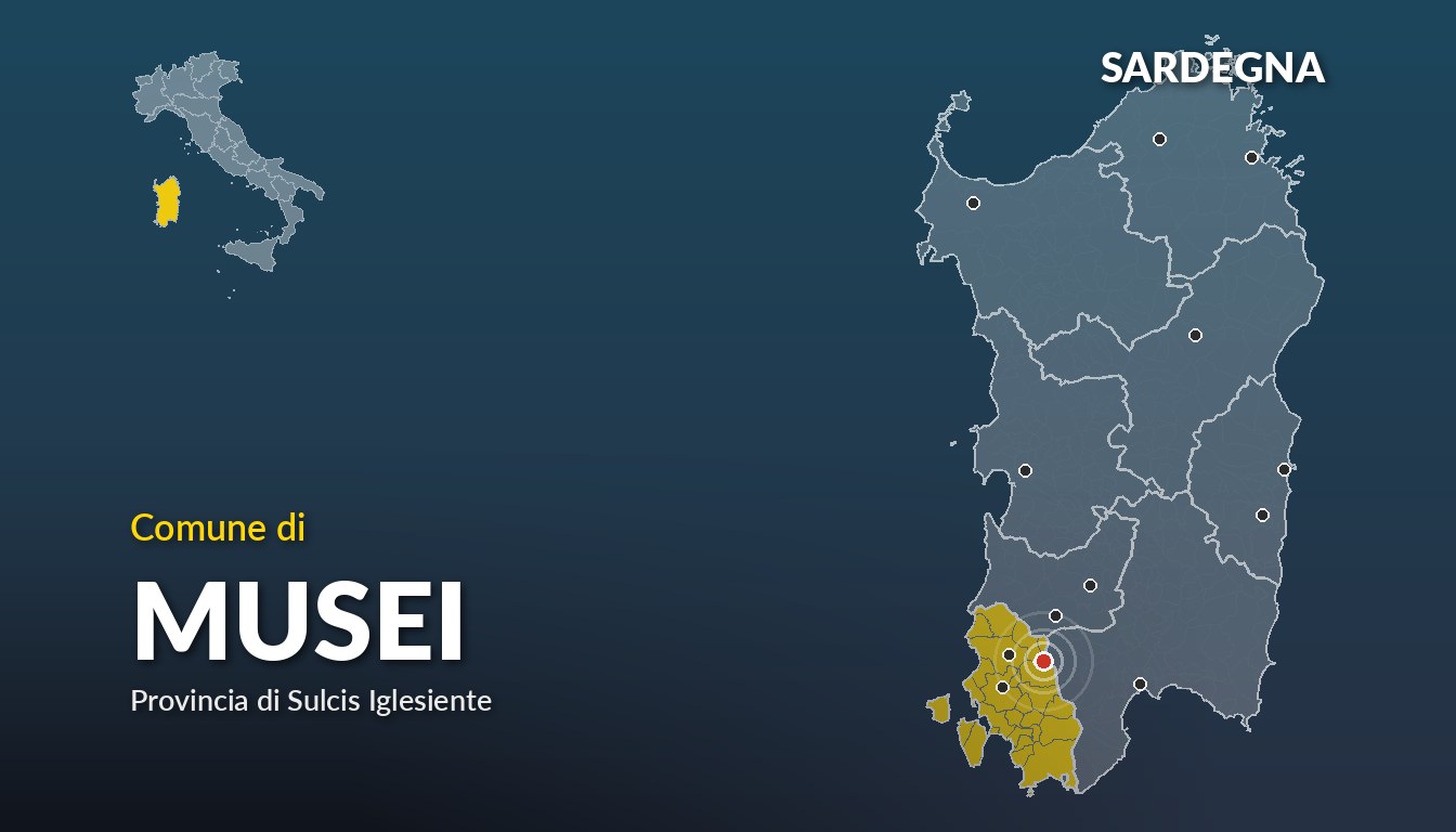 Cartina del Sardegna con la posizione del comune di Musei, in provincia di Sulcis Iglesiente
