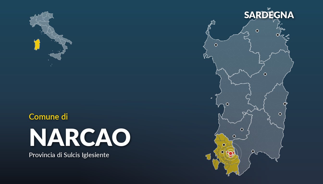 Cartina del Sardegna con la posizione del comune di Narcao, in provincia di Sulcis Iglesiente