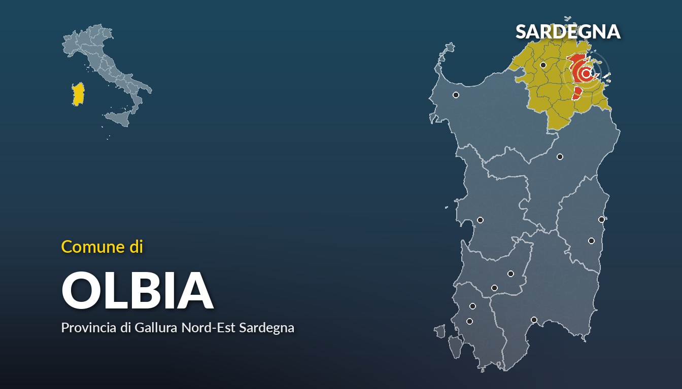 Cartina del Sardegna con la posizione del comune di Olbia, in provincia di Gallura Nord-Est Sardegna