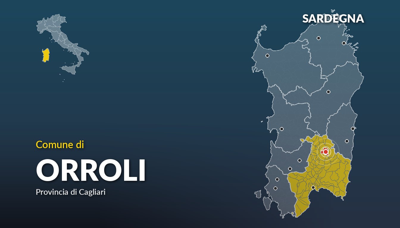 Cartina del Sardegna con la posizione del comune di Orroli, in provincia di Cagliari