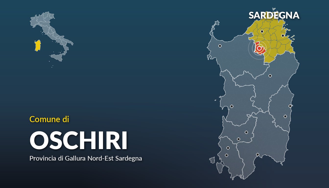 Cartina del Sardegna con la posizione del comune di Oschiri, in provincia di Gallura Nord-Est Sardegna