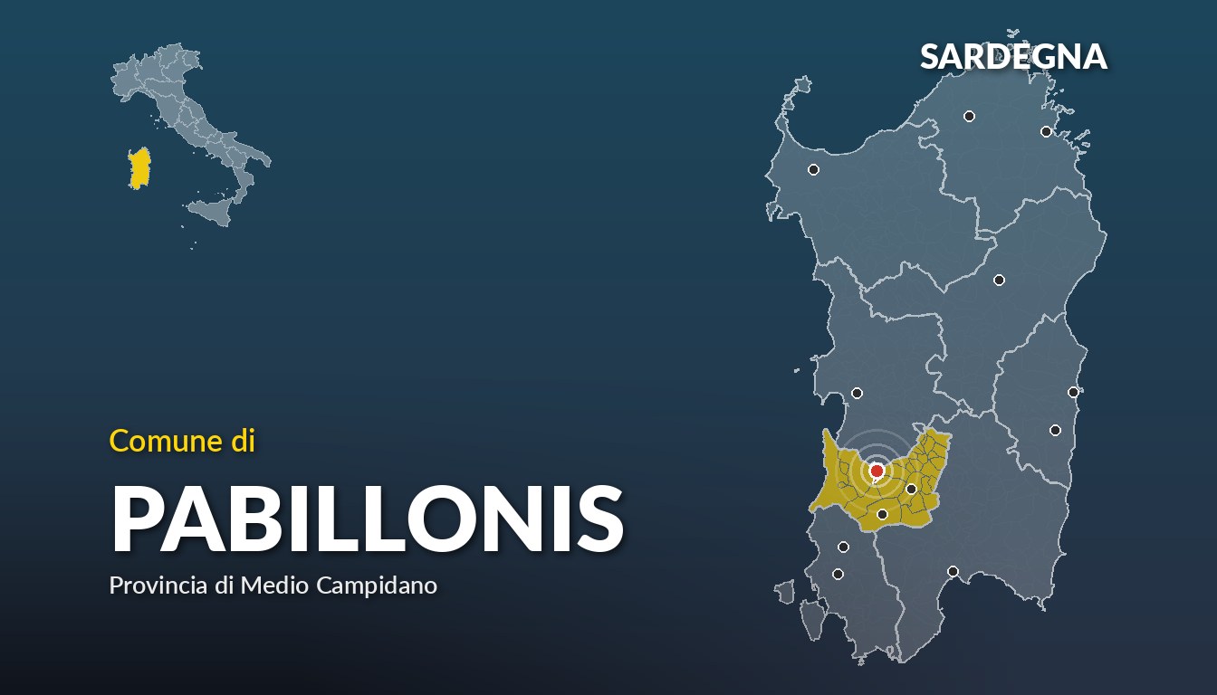 Cartina del Sardegna con la posizione del comune di Pabillonis, in provincia di Medio Campidano