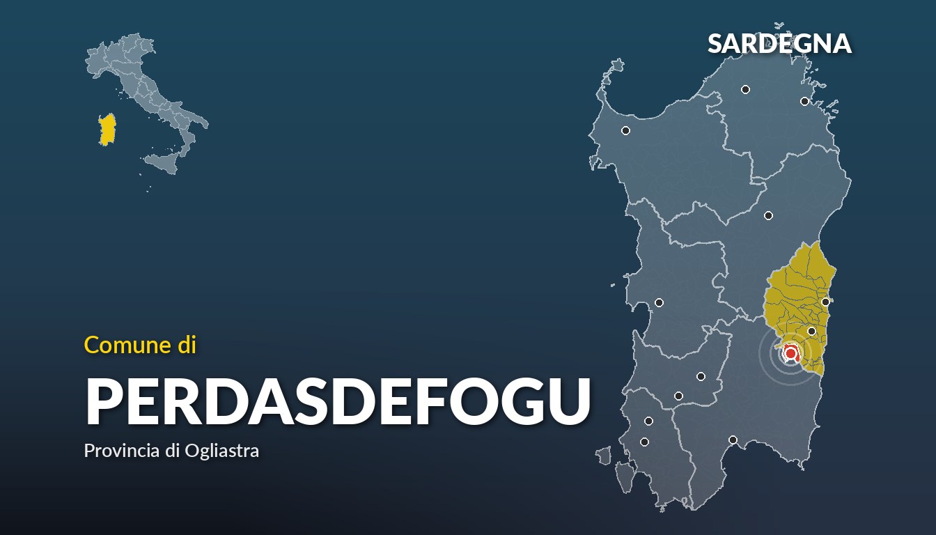Cartina del Sardegna con la posizione del comune di Perdasdefogu, in provincia di Ogliastra