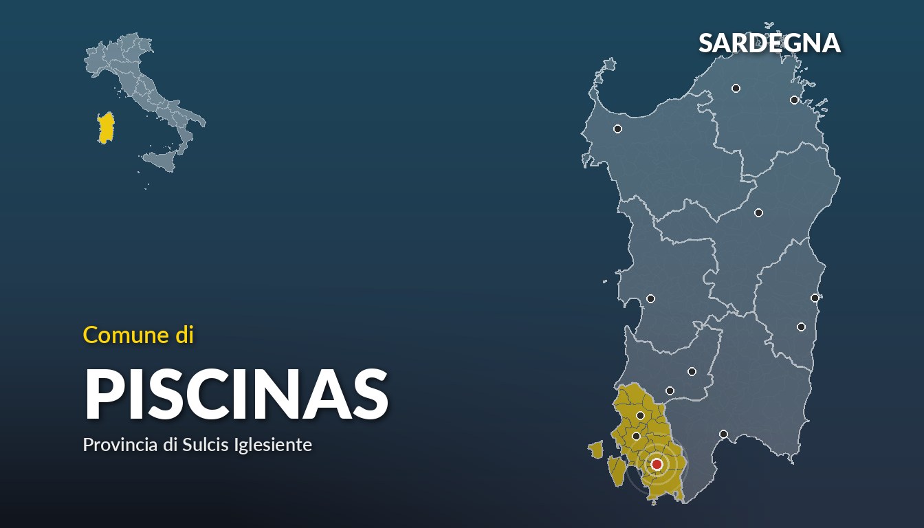Cartina del Sardegna con la posizione del comune di Piscinas, in provincia di Sulcis Iglesiente