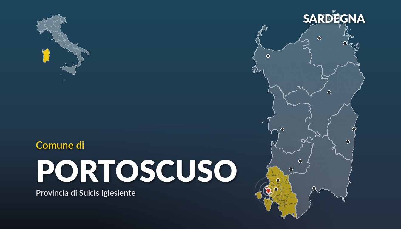 Cartina del Sardegna con la posizione del comune di Portoscuso, in provincia di Sulcis Iglesiente