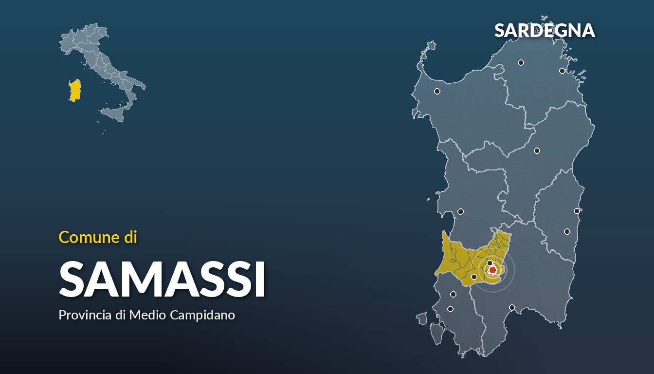 Cartina del Sardegna con la posizione del comune di Samassi, in provincia di Medio Campidano