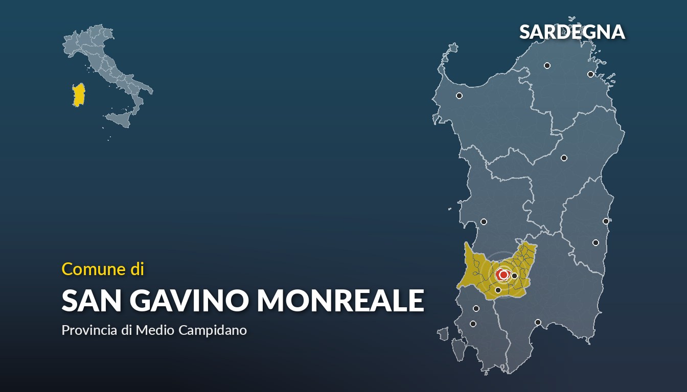 Cartina del Sardegna con la posizione del comune di San Gavino Monreale, in provincia di Medio Campidano