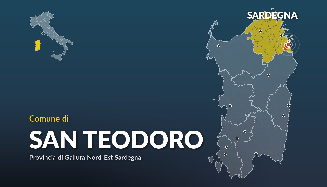 Cartina del Sardegna con la posizione del comune di San Teodoro, in provincia di Gallura Nord-Est Sardegna