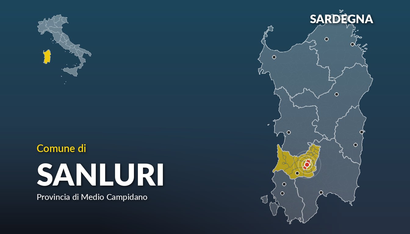 Cartina del Sardegna con la posizione del comune di Sanluri, in provincia di Medio Campidano