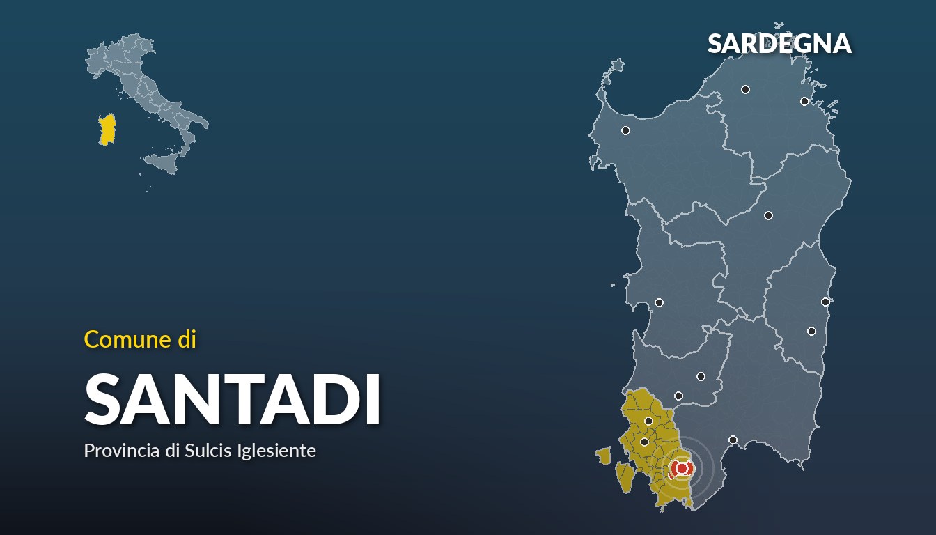 Cartina del Sardegna con la posizione del comune di Santadi, in provincia di Sulcis Iglesiente