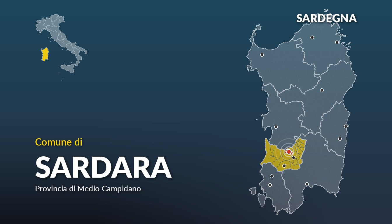 Cartina del Sardegna con la posizione del comune di Sardara, in provincia di Medio Campidano