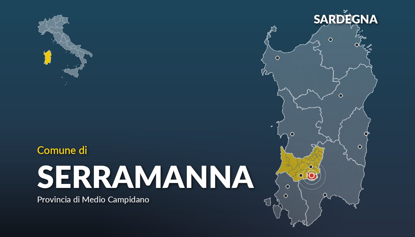 Cartina del Sardegna con la posizione del comune di Serramanna, in provincia di Medio Campidano