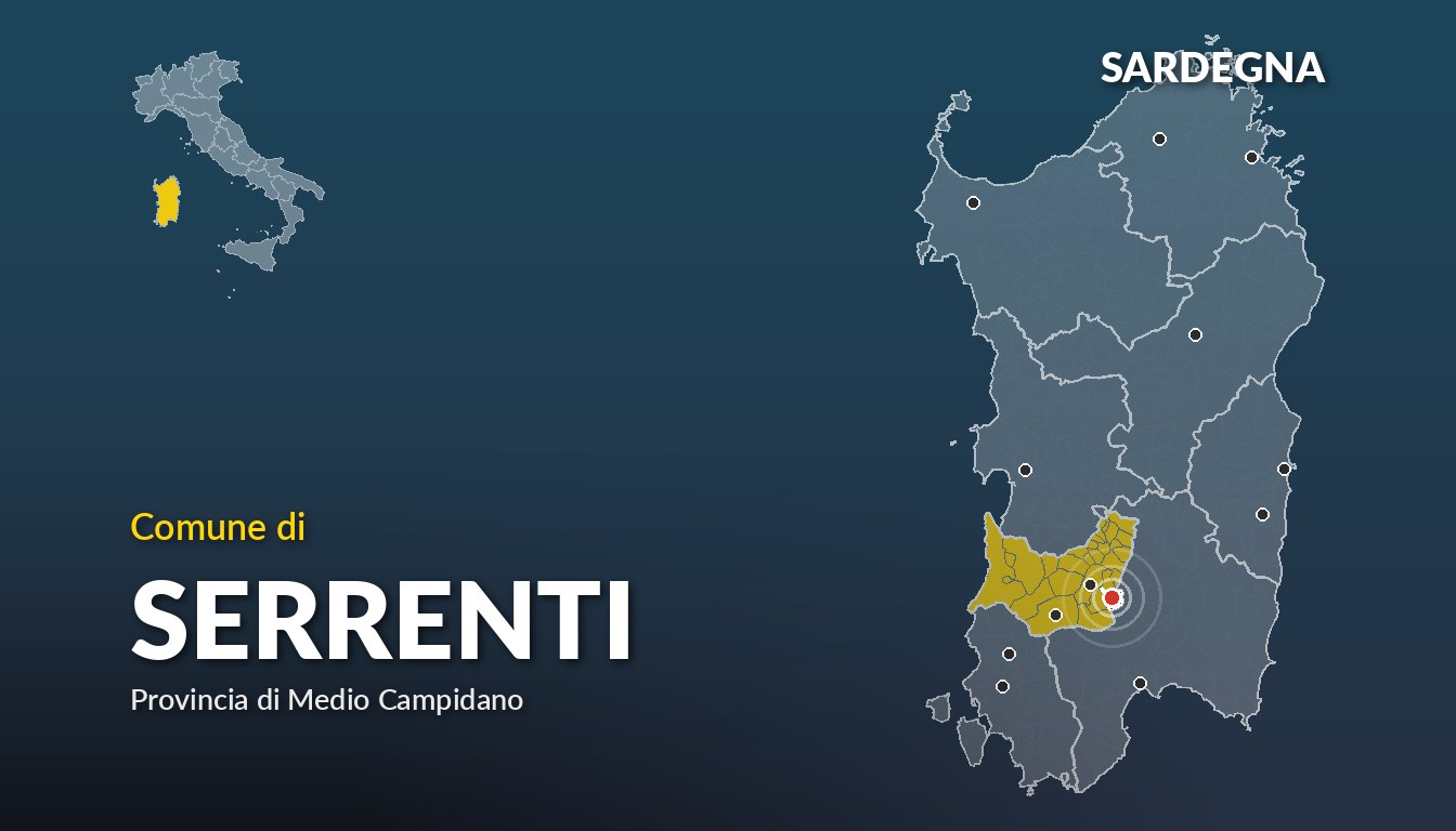Cartina del Sardegna con la posizione del comune di Serrenti, in provincia di Medio Campidano