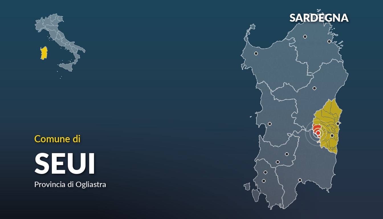 Cartina del Sardegna con la posizione del comune di Seui, in provincia di Ogliastra