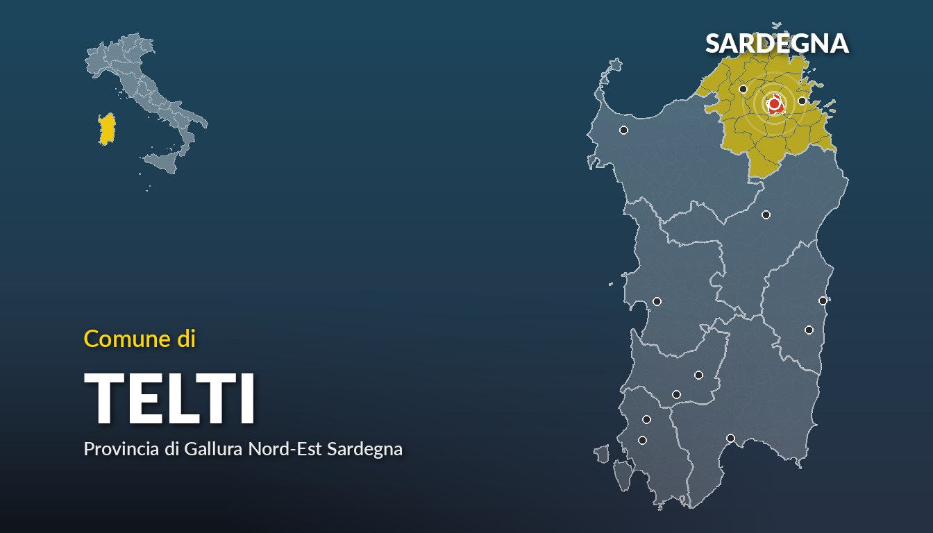Cartina del Sardegna con la posizione del comune di Telti, in provincia di Gallura Nord-Est Sardegna