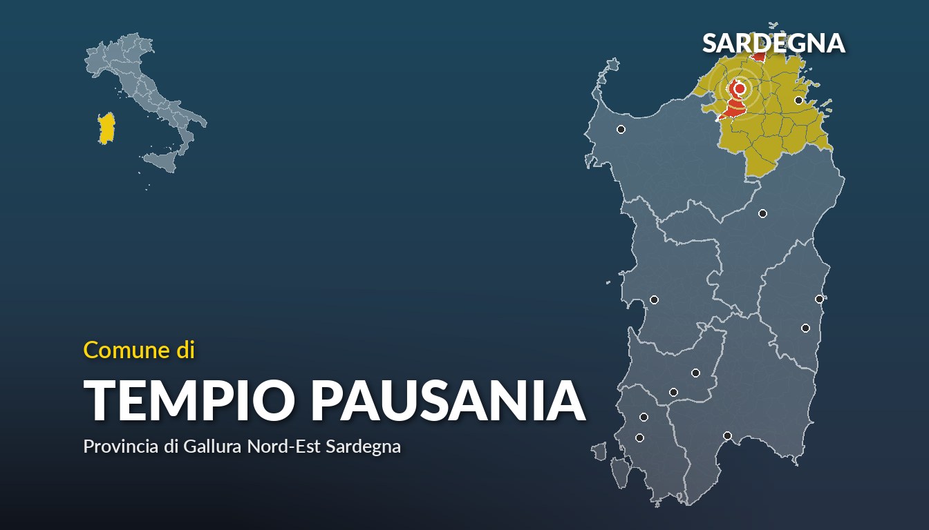 Cartina del Sardegna con la posizione del comune di Tempio Pausania, in provincia di Gallura Nord-Est Sardegna