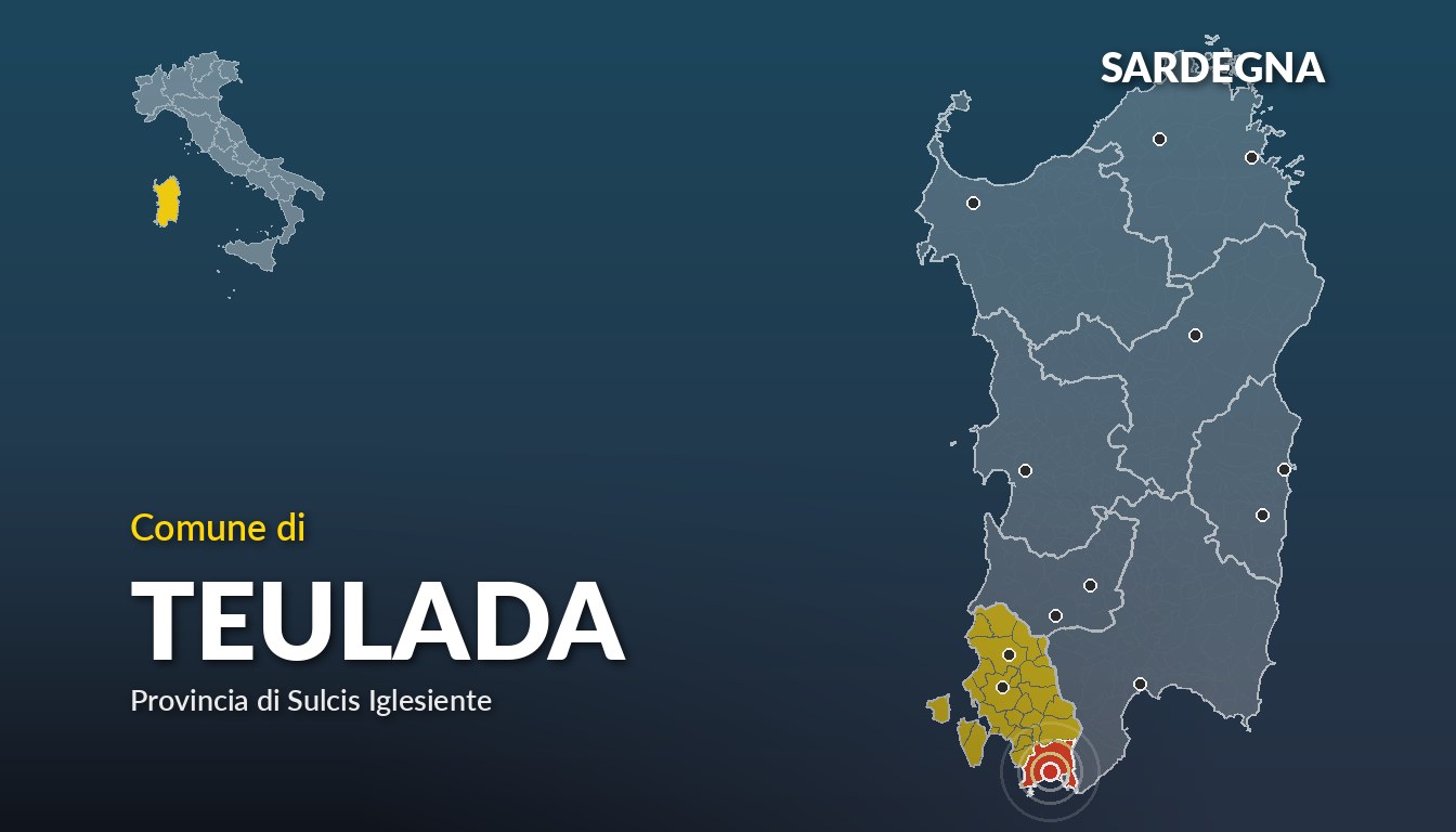 Cartina del Sardegna con la posizione del comune di Teulada, in provincia di Sulcis Iglesiente