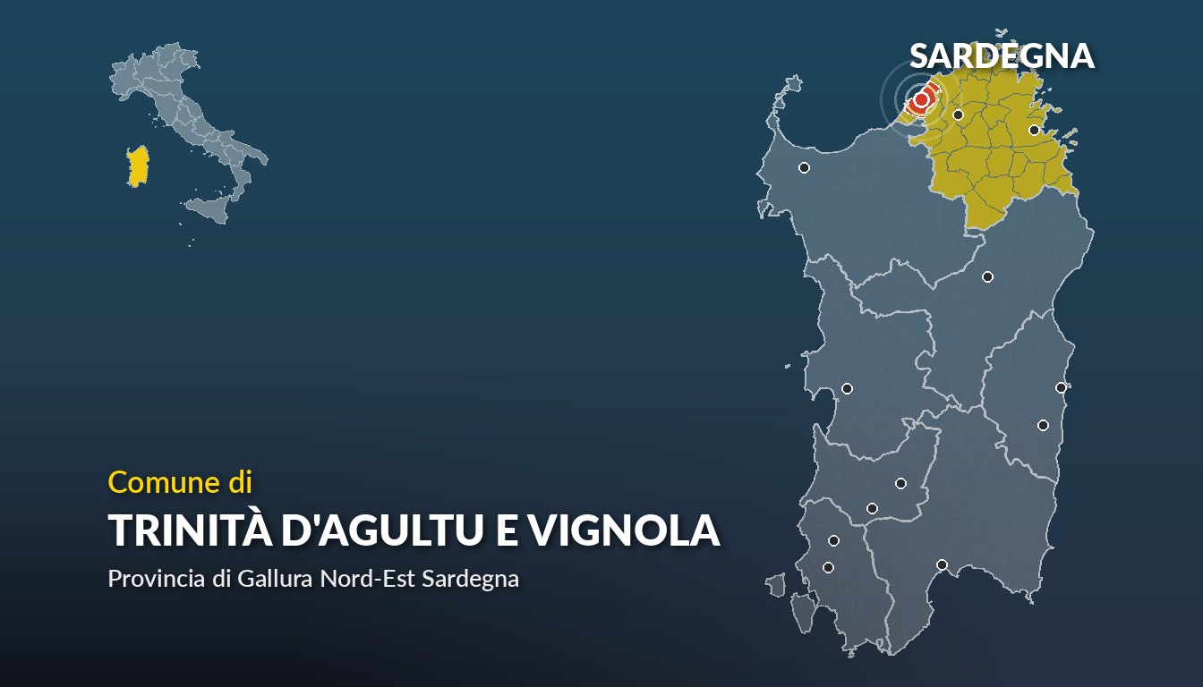 Cartina del Sardegna con la posizione del comune di Trinità d'Agultu e Vignola, in provincia di Gallura Nord-Est Sardegna