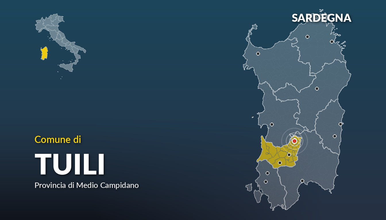 Cartina del Sardegna con la posizione del comune di Tuili, in provincia di Medio Campidano
