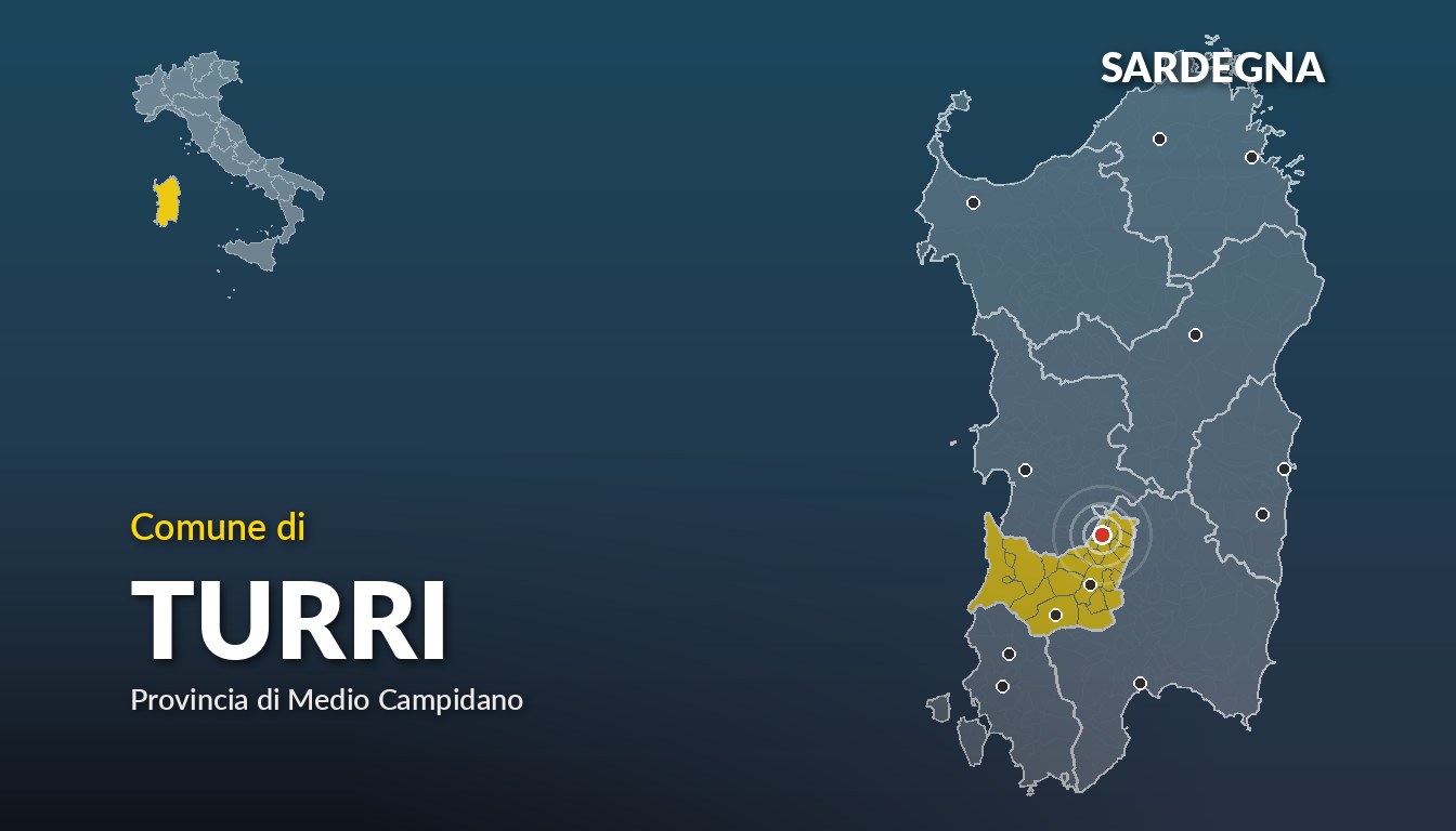 Cartina del Sardegna con la posizione del comune di Turri, in provincia di Medio Campidano
