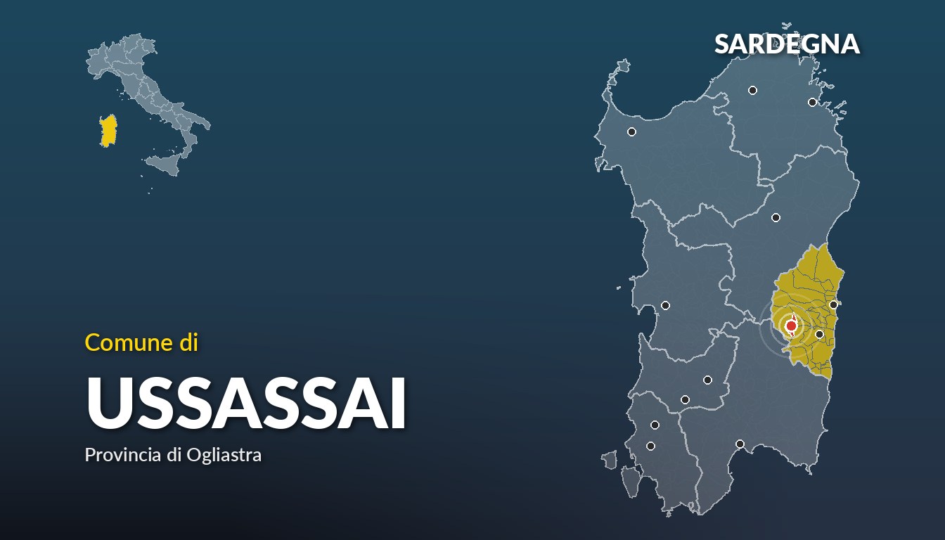 Cartina del Sardegna con la posizione del comune di Ussassai, in provincia di Ogliastra